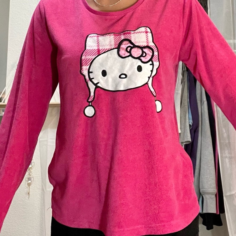 Fluffy hello kitty shirt pajamas pink